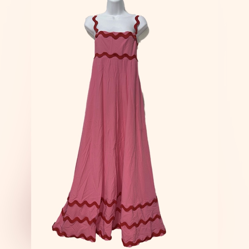 Pink Maxi Dress with Red Trim - Women's Flowing Sundress